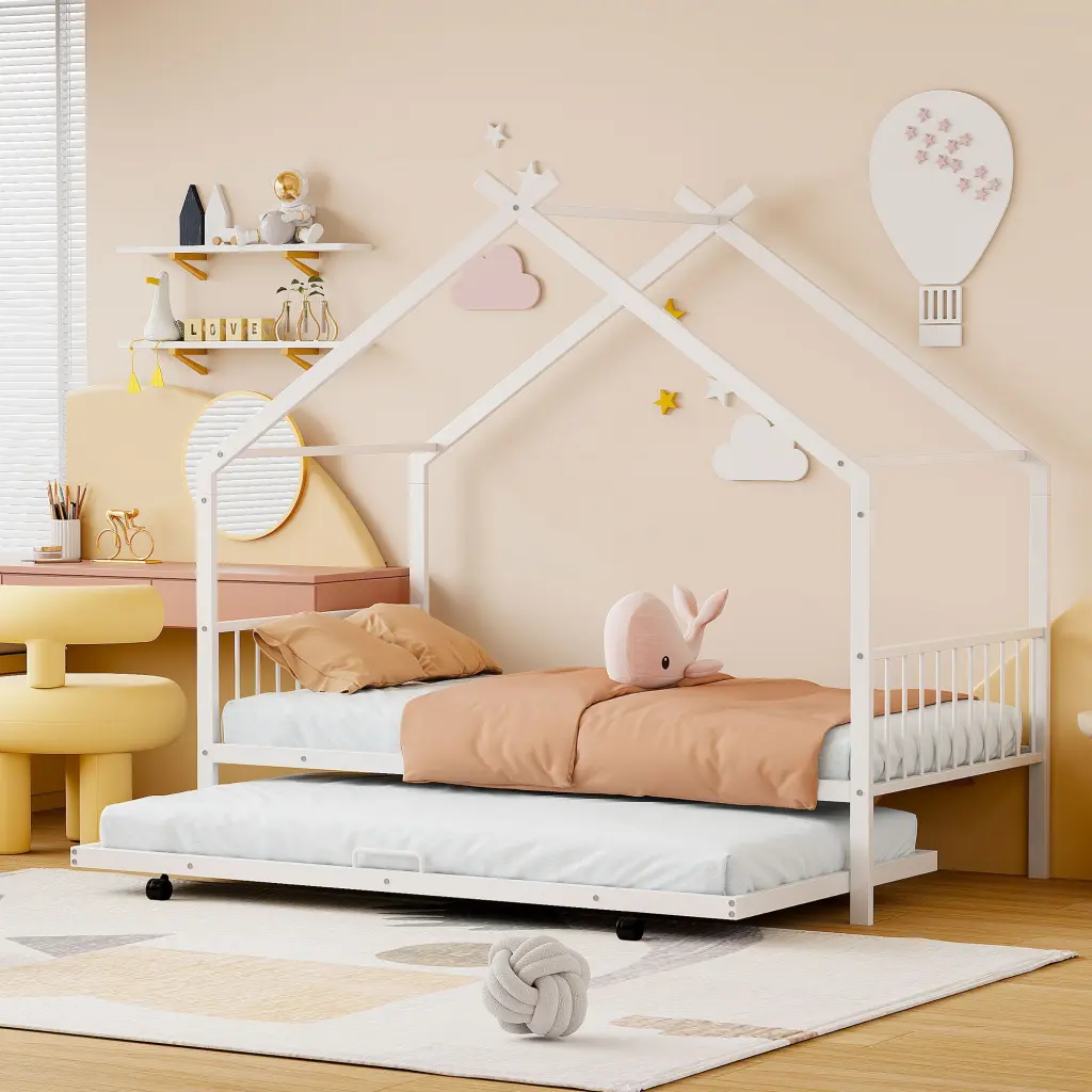 Twin Size Metal Houtilize Bed Twin Size Trundle White Space Saving lucky world