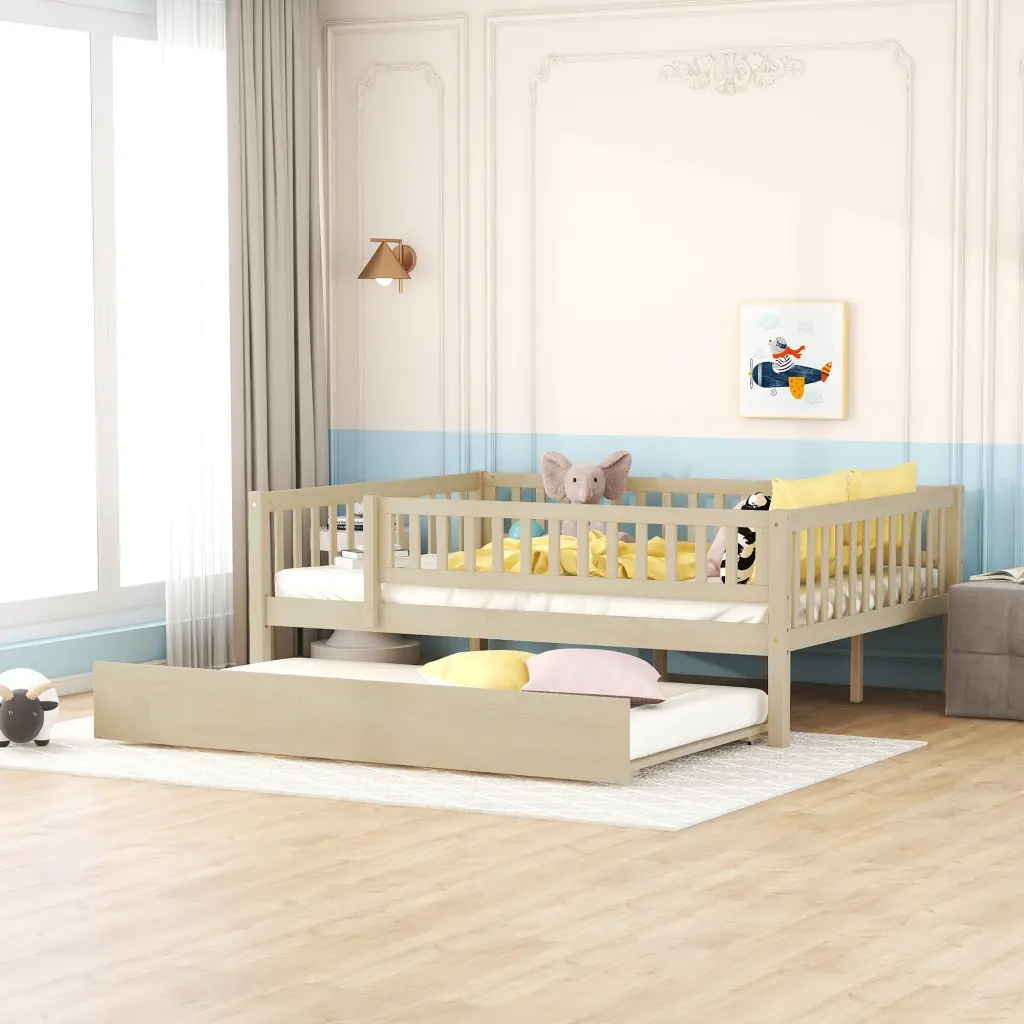 Full Size Wood Daybed Trundle and Fence Guardrails Natural Finish lucky furniture