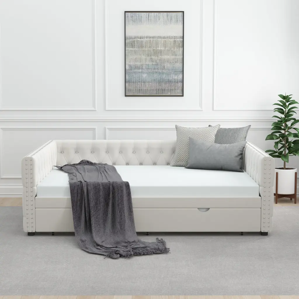Daybed Trundle Velvet Upholstered Tufted Sofa Bed Button Accent Living Room welike furniture