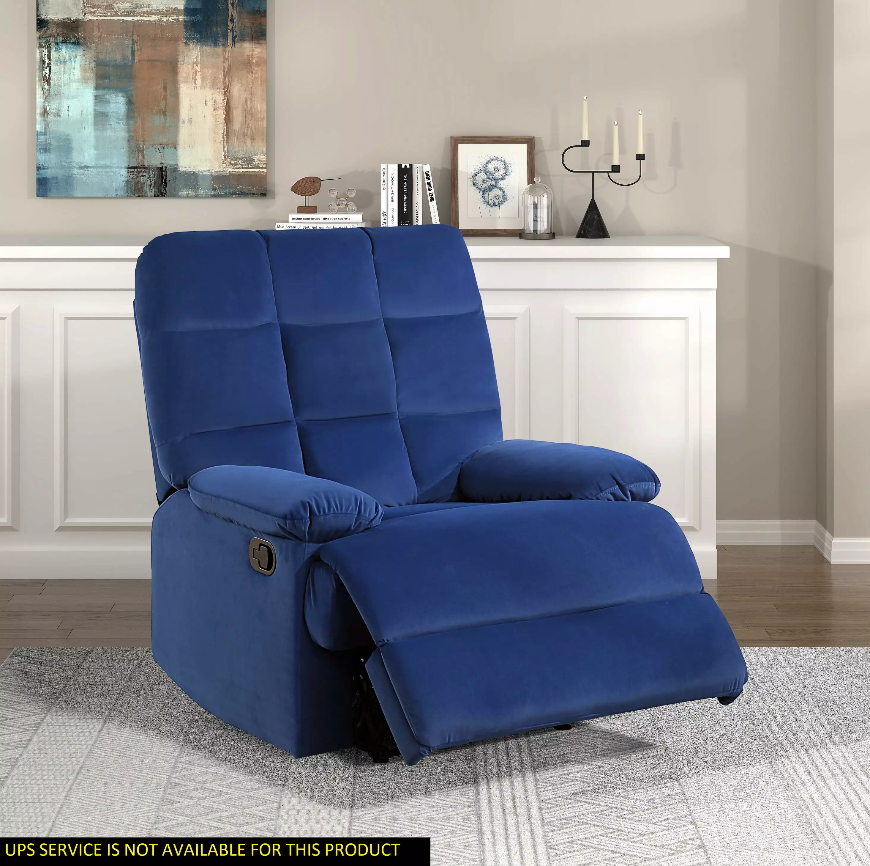 DeeHome Blue Velvet Upholstery Square Tufted Back Recliner Pillowtop Arms and Solid Wood Frame
