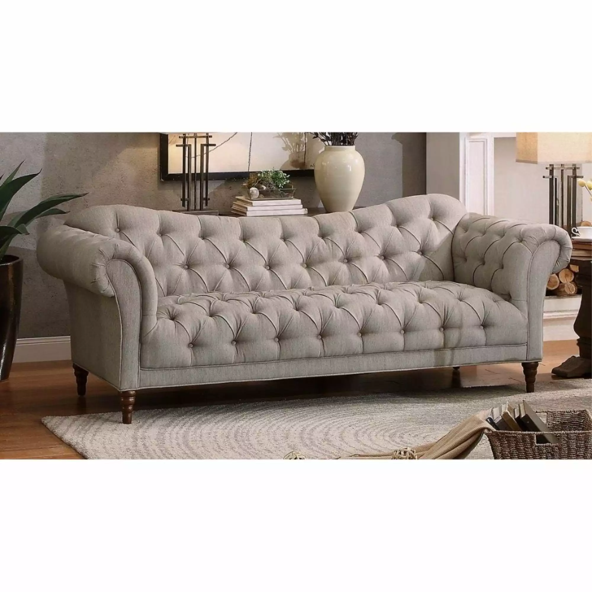 Polyester Button Tufted Sofa Rolled Arms - Light Gray and Brown Living Room Couch Benzara