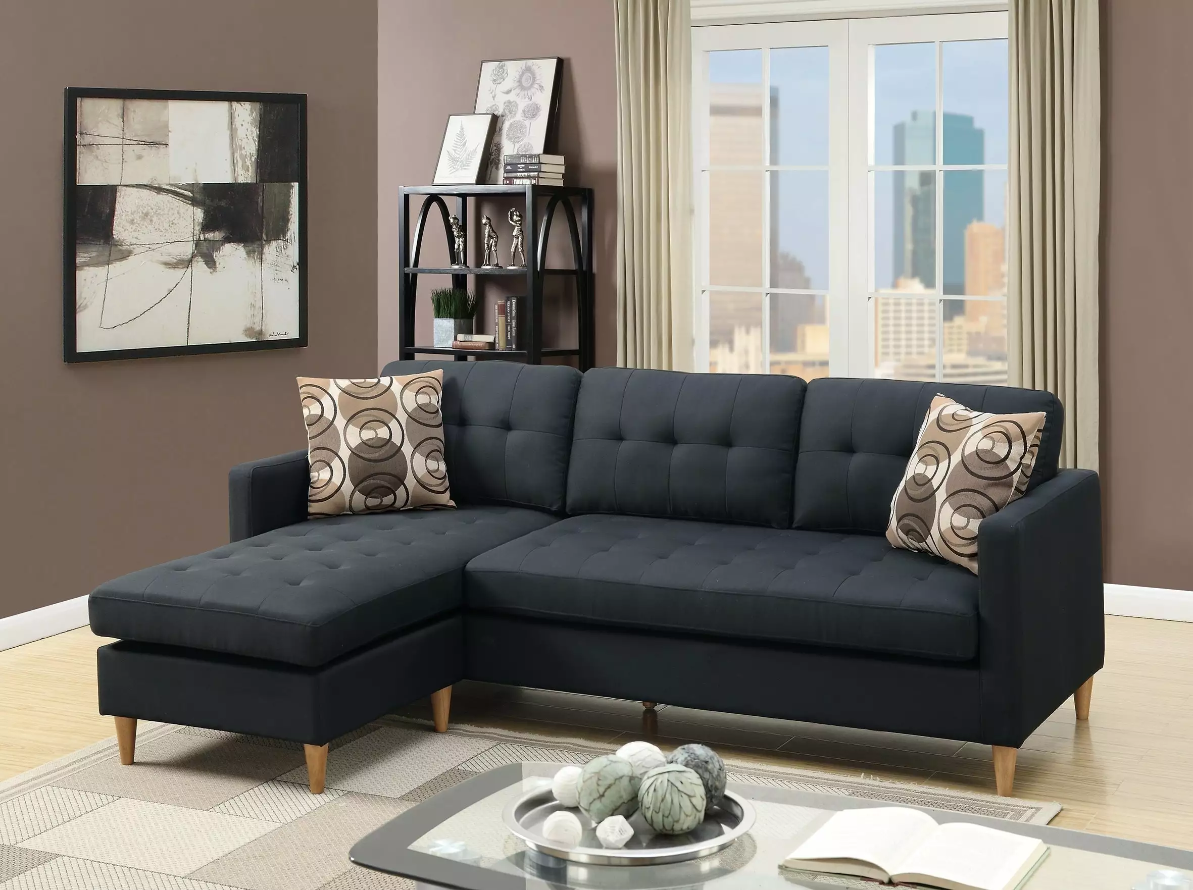 Zara Tufted Back Black Modular Sectional Sofa Living Room Go Green Woods
