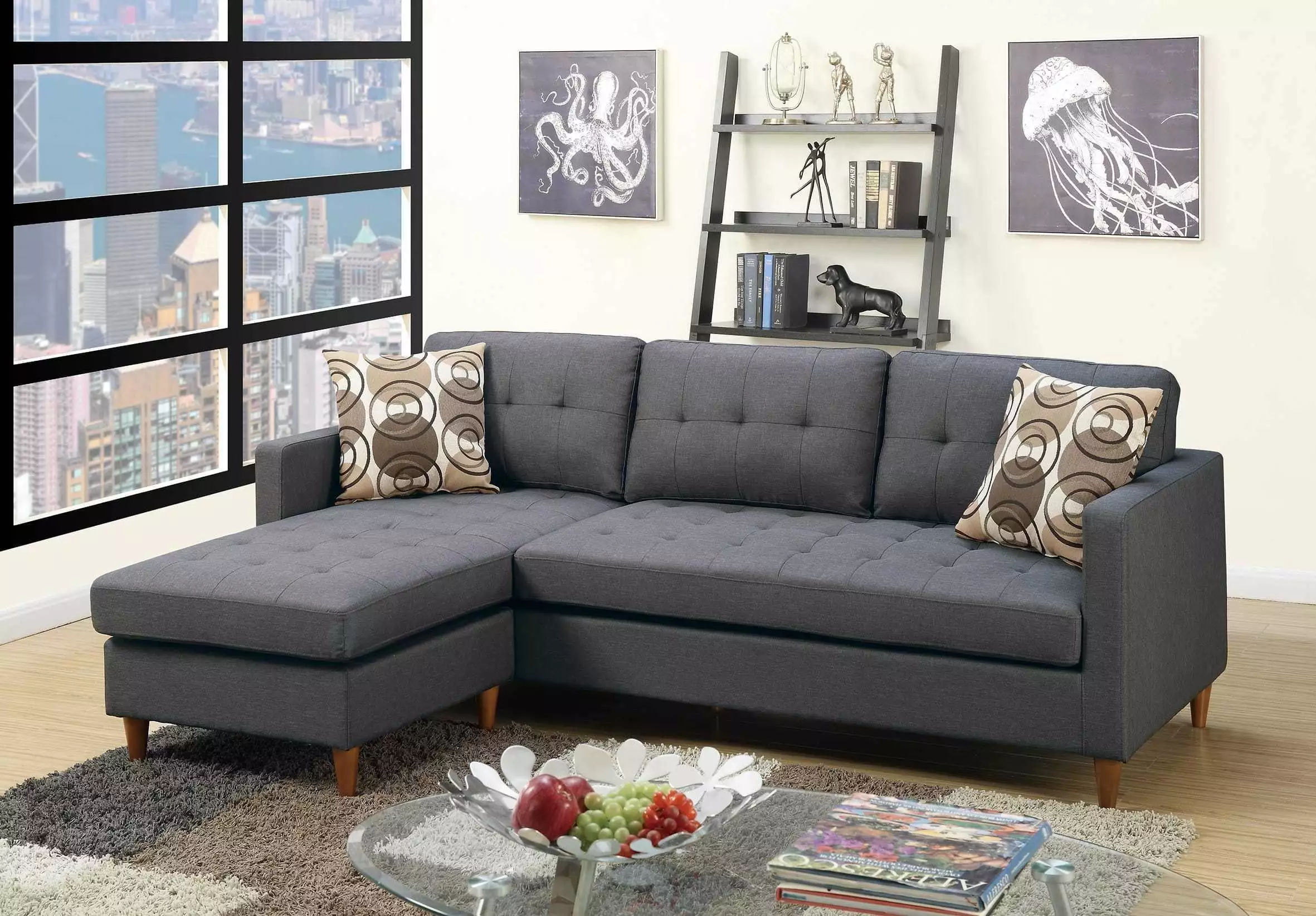 Zara Tufted Back Blue Modular Sectional Sofa Living Room Go Green Woods