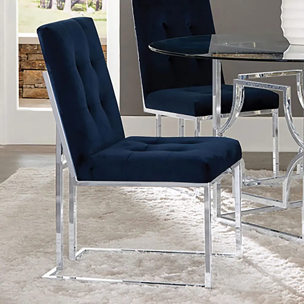 Blue and Chrome Tufted Back Dining Chair Set 2 Dining Room furniture max