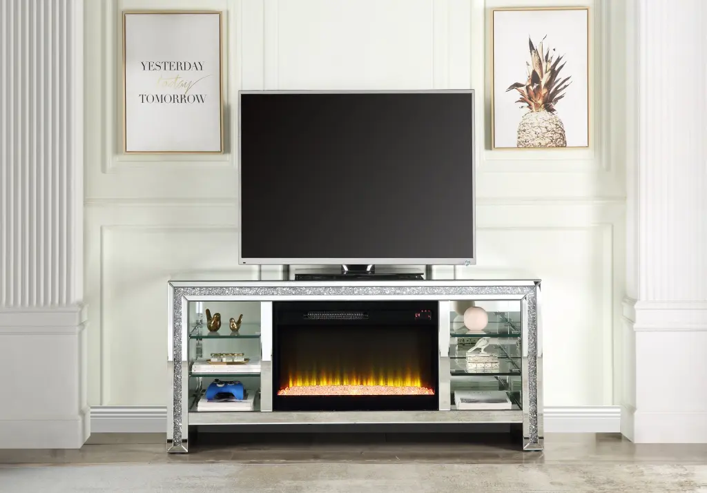 Noralie TV Stand Fireplace LED Mirrored and Faux Diamonds acme onsite store