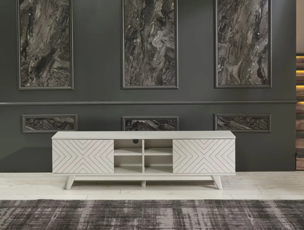 Furnishome Lina Mid Century Modern TV Stand 2 Door Cabinet and 4 Cubes furnia