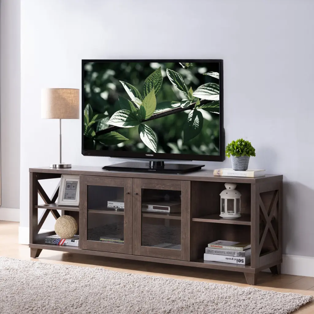 60 Inch TV Stand Four Side Shelves and Transparent Center Storage id international- inc.