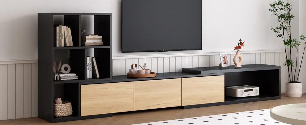 74.8-126 Inch Extendable TV Stand 3 Tier Bookshelves TVs Up To 65 Inch rnb