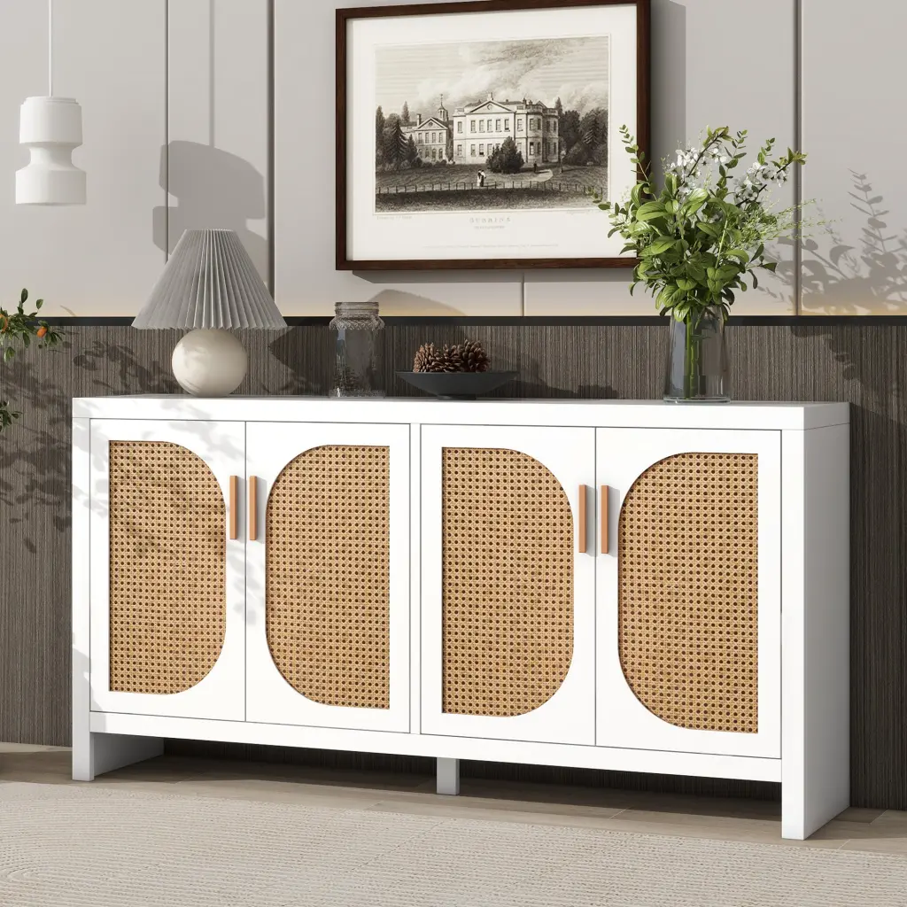 Modern TV Stand 65 Inch TV Rattan Doors and Adjustable Shelves rnb