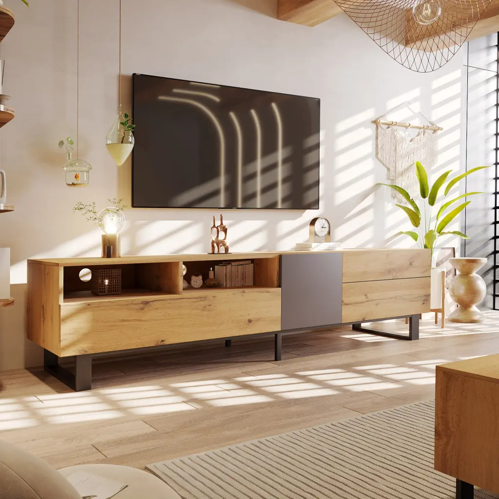 Modern TV Stand 80 Inch TVs Double Storage Space and Media Console rnb