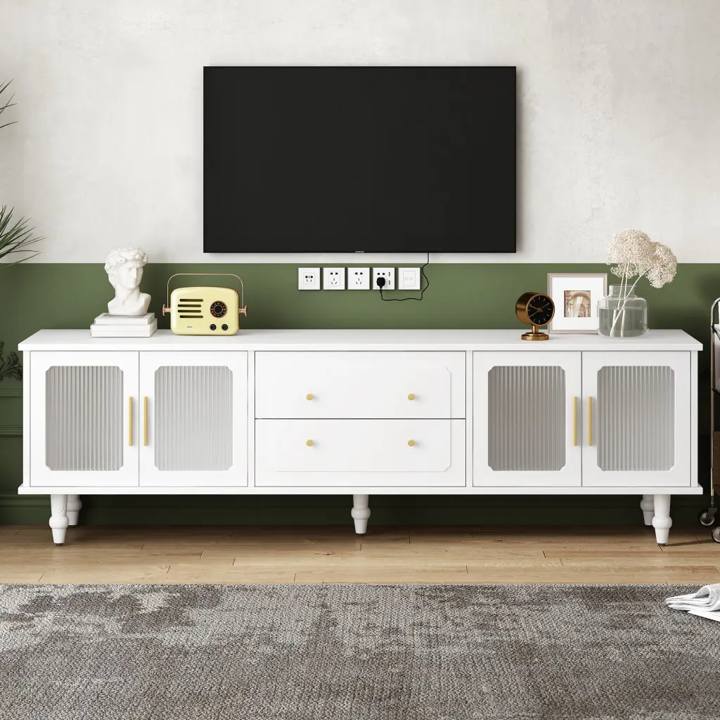Retro Design TV Stand Fluted Glass Doors TVs Up To 78 Inches rnb