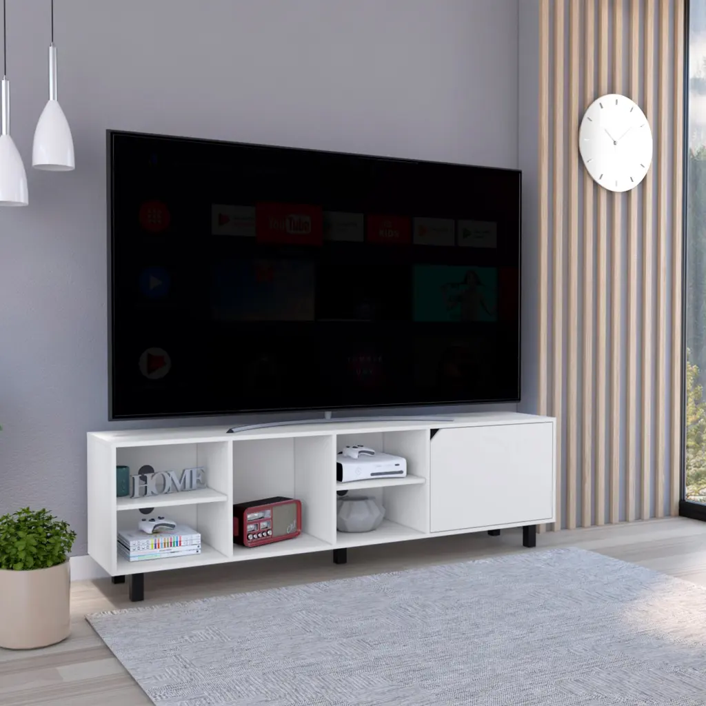 TV Stand TVs Up to 70 Inches Estocolmo Four Open Shelves White Finish treevol furniture