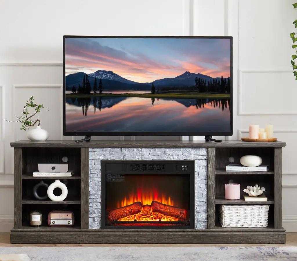 Large TV Desk Storage Rack Faux Stacked Stone Surround Media Console Living Room yilong furniture
