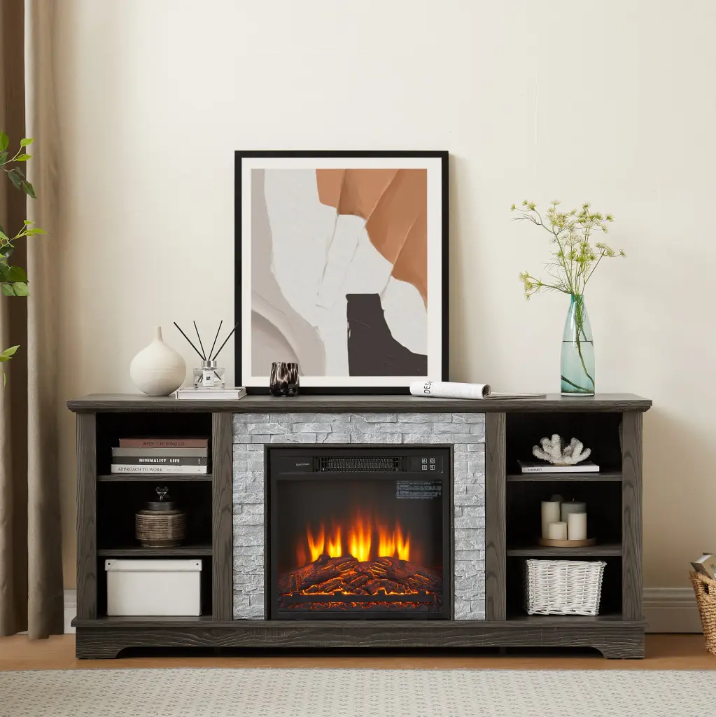 Mantel Electric Fireplace Stone TV Media Stand Faux Stacked Stone yilong furniture