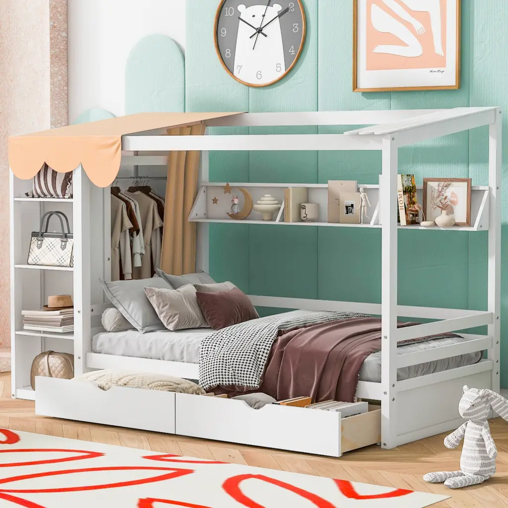 Twin Size Houtilize Bed Two Drawers And Wardrobe White Solid Wood lucky furniture