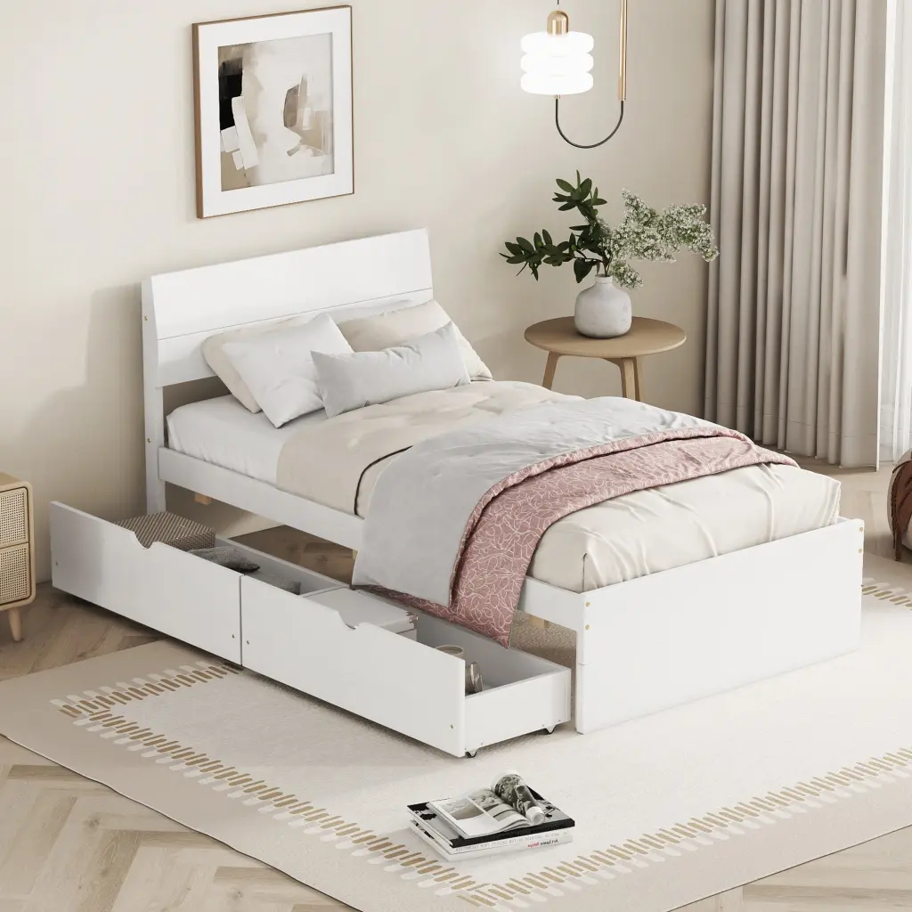 Modern Twin Bed Frame 2 Drawers White High Gloss Headboard fangxing