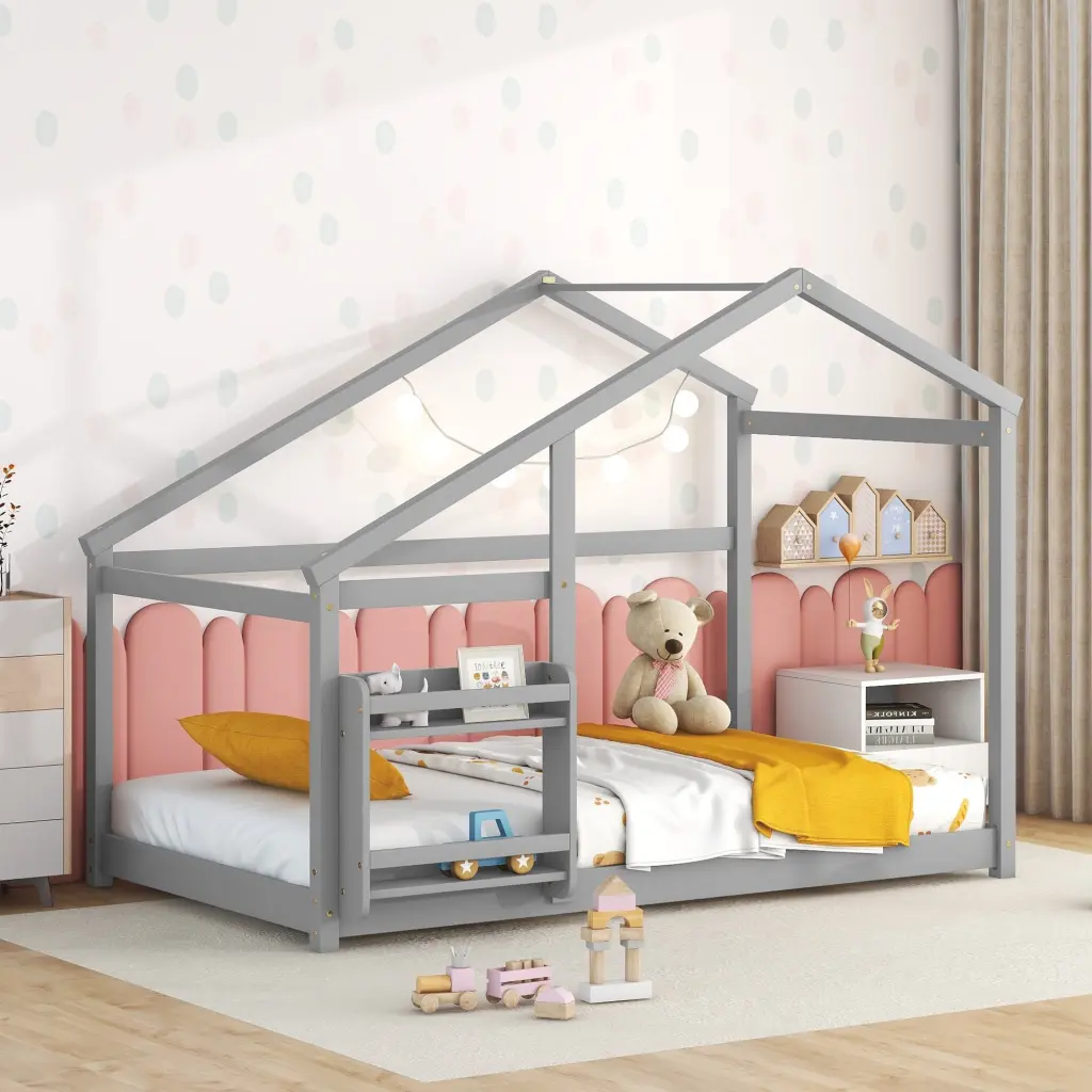 Twin Size Wooden House Bed Shelf No Box Spring Required Floor Bed fangxing