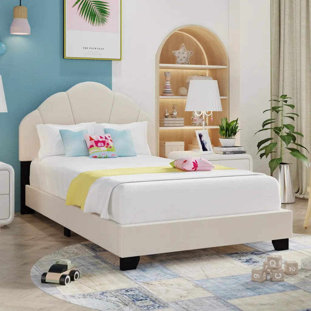 Upholstered Twin Size Platform Bed Kids Wooden Bed Frame Slats fullbarn e-commerce