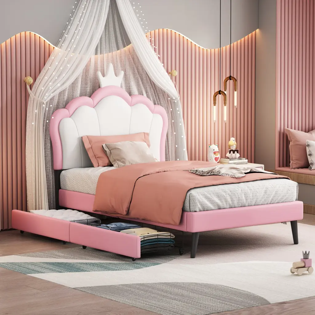 Twin Size Upholstered Princess Bed - Crown Headboard 2 Drawers Girls homey life