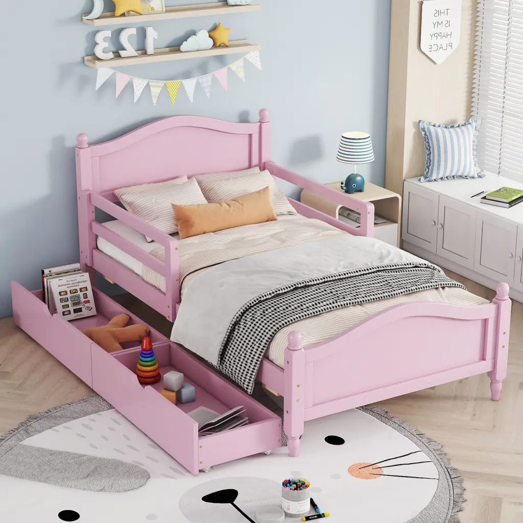Twin Size Wood Platform Bed Guardrails on Both Sides and Two Storage Drawers homey life