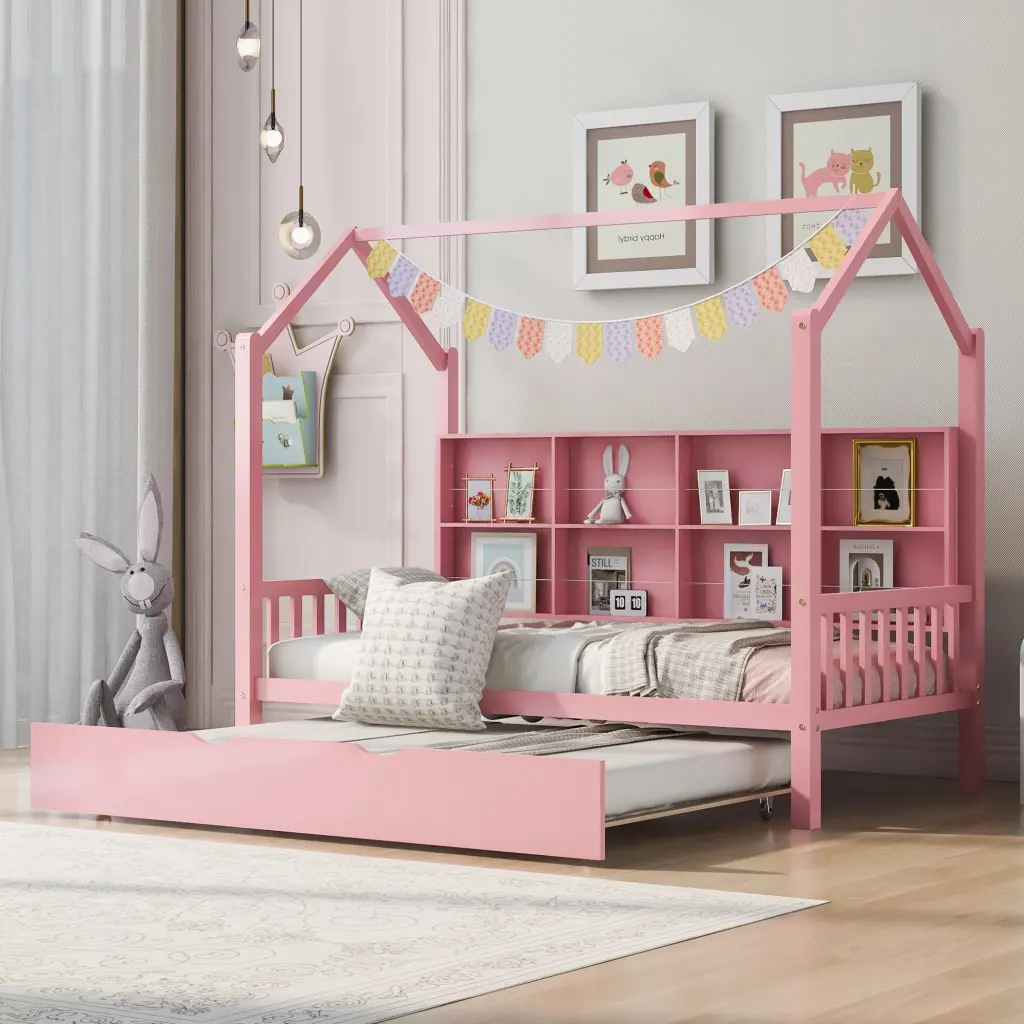Wooden Twin Size House Bed Trundle and Shelf Kids Pink homey life