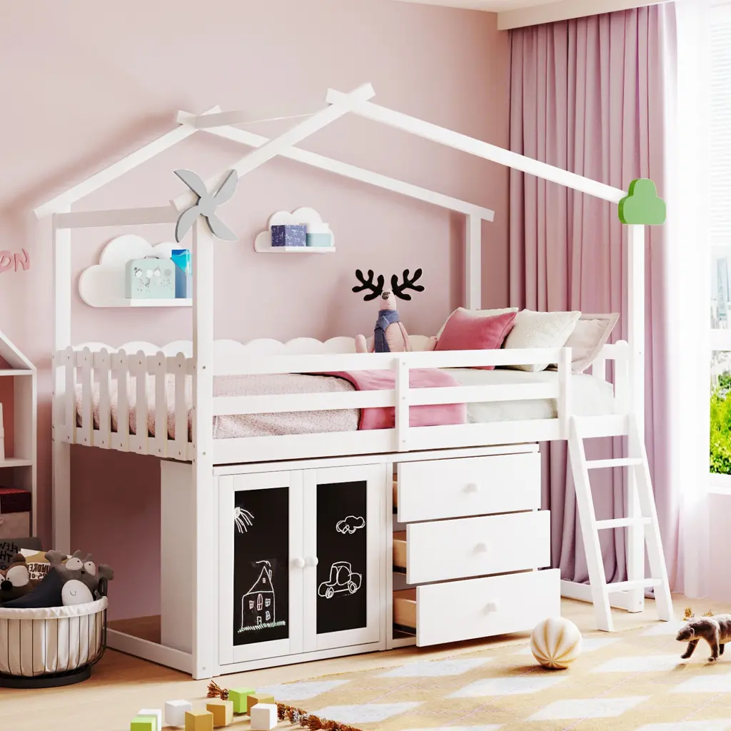 Twin Size Houtilize Bed Cabinet and Drawers White Plywood lucky furniture