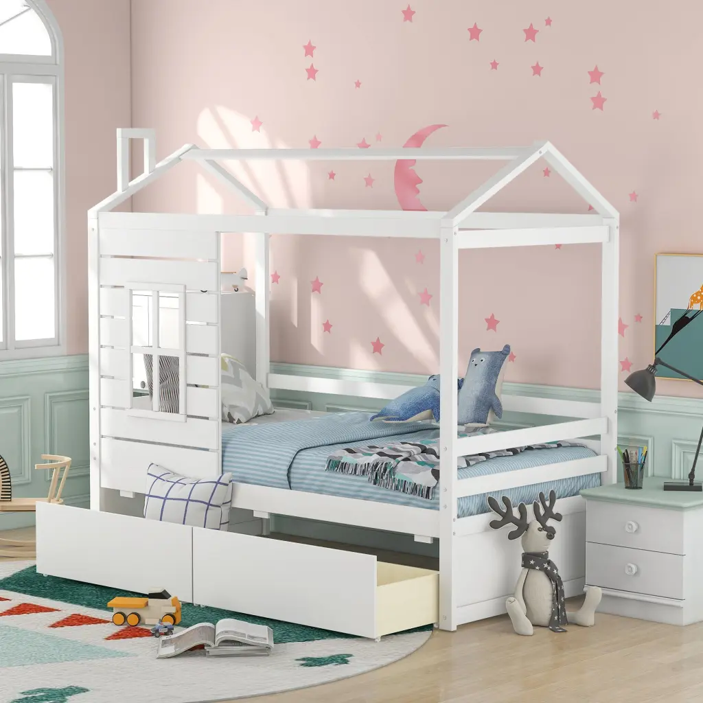 Twin Size Houtilize Bed Wood Bed Two Drawers White Solid Wood lucky furniture