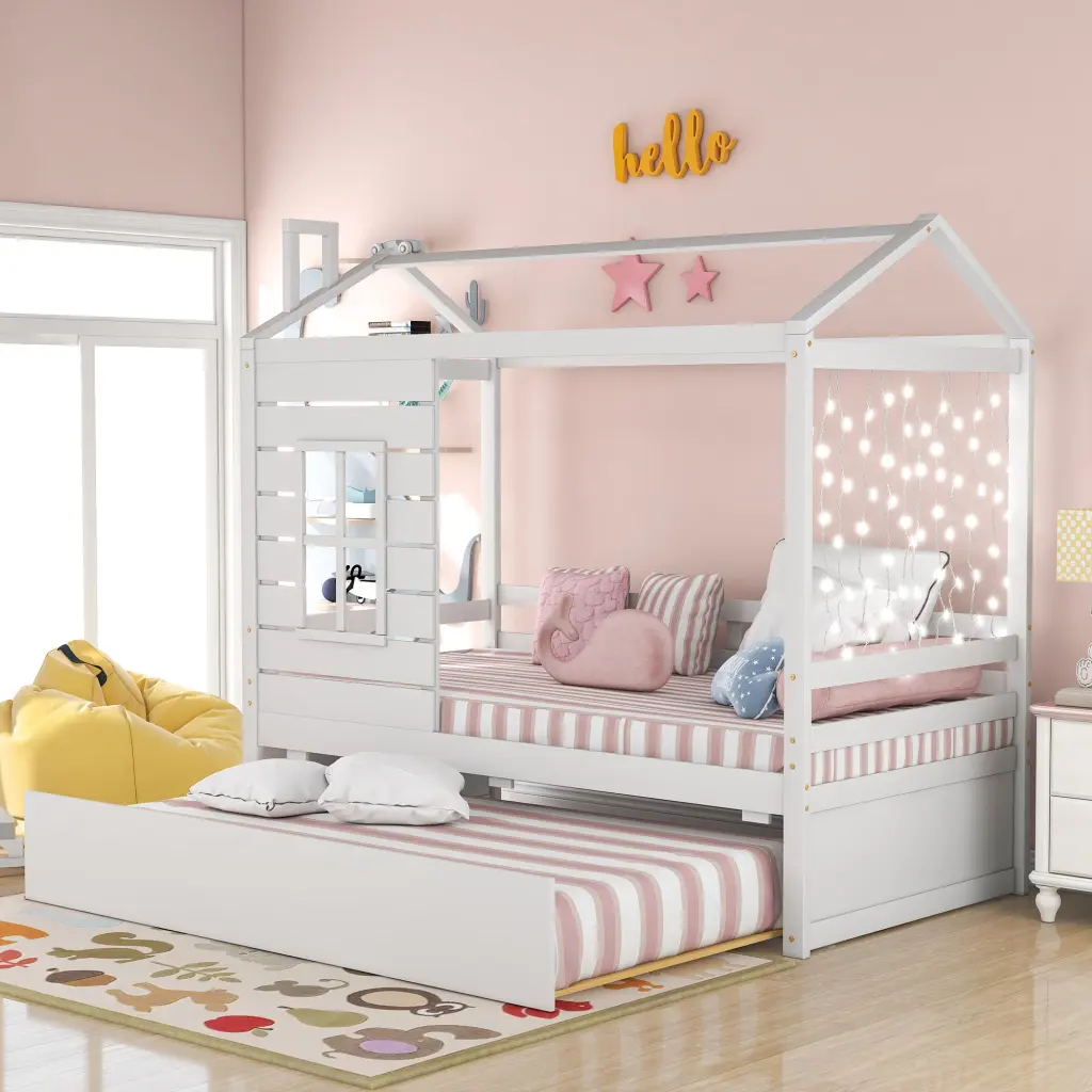 Twin Size Houtilize Bed Wood Bed Twin Size Trundle White lucky furniture