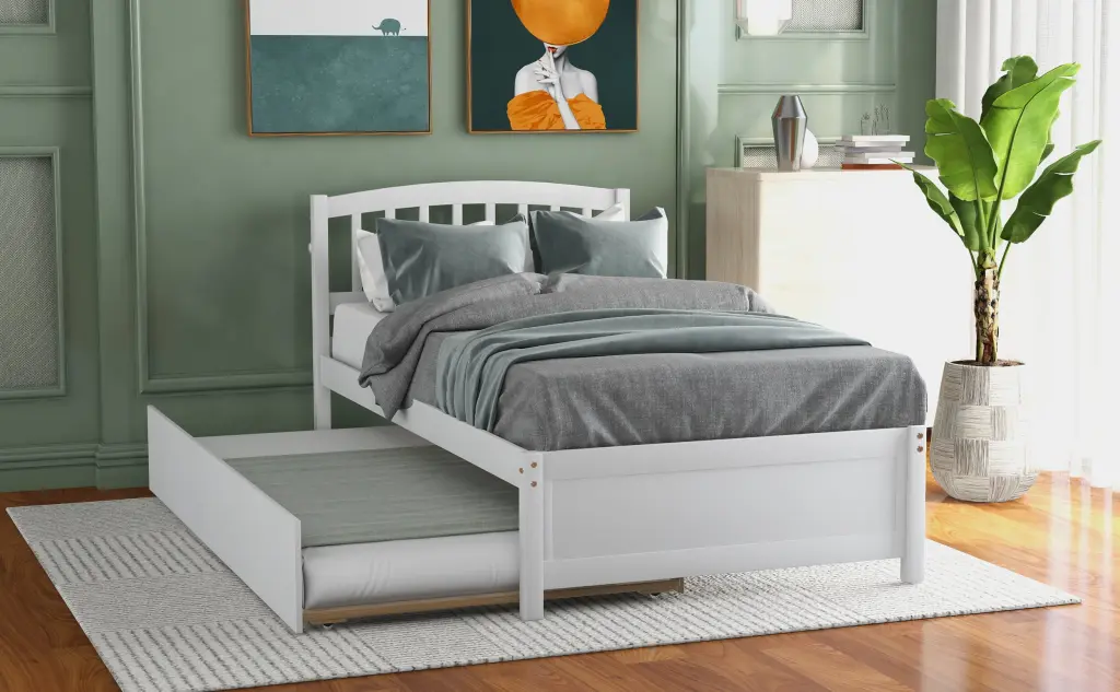 Twin Size Platform Bed Wood Bed Frame Trundle, White Solid Wood Kids Room lucky furniture