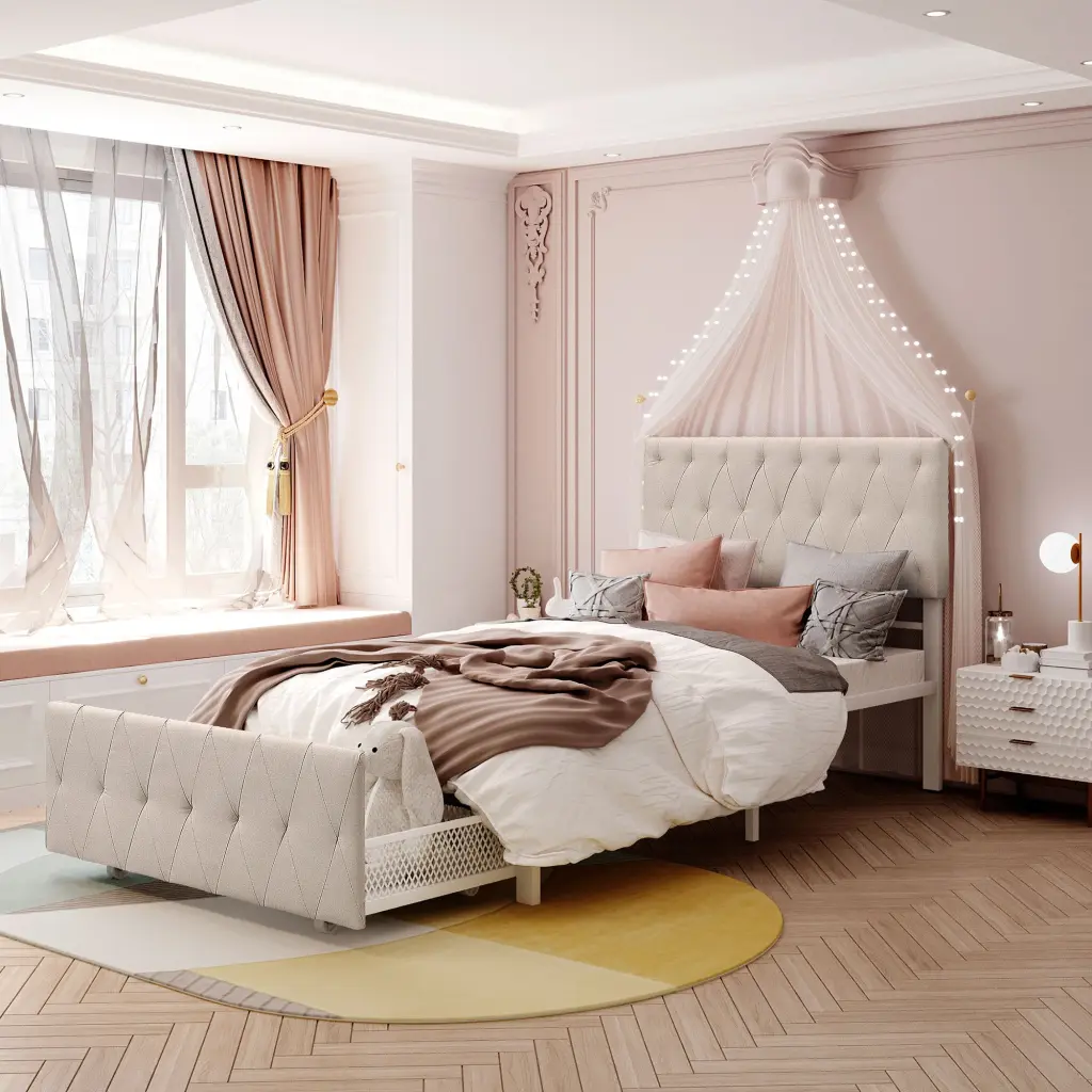 Twin Size Storage Bed Metal Platform Bed Big Drawer Beige lucky furniture