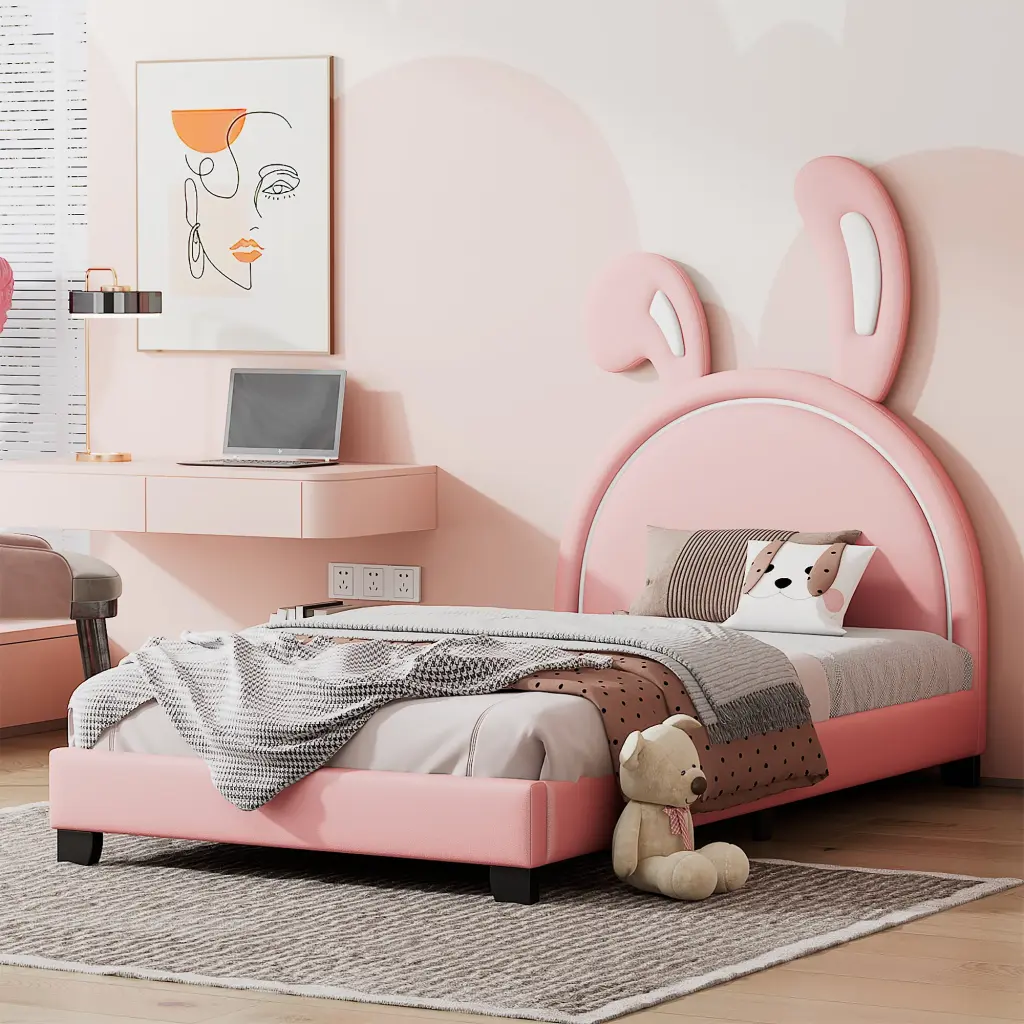 Twin Size Upholstered Leather Platform Bed Rabbit Ornament, Pink Kids Room lucky furniture