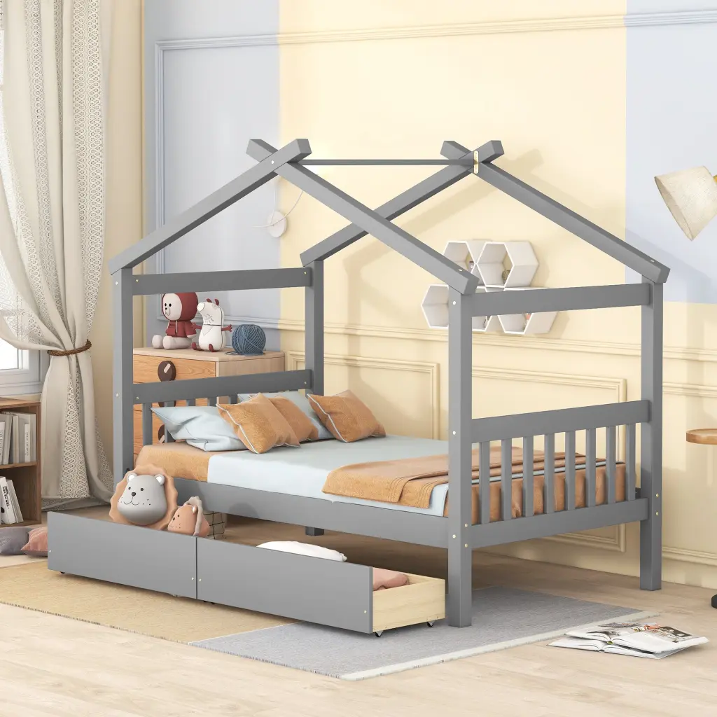 Twin Size Wooden House Bed Drawers Gray Solid Wood MDF lucky furniture