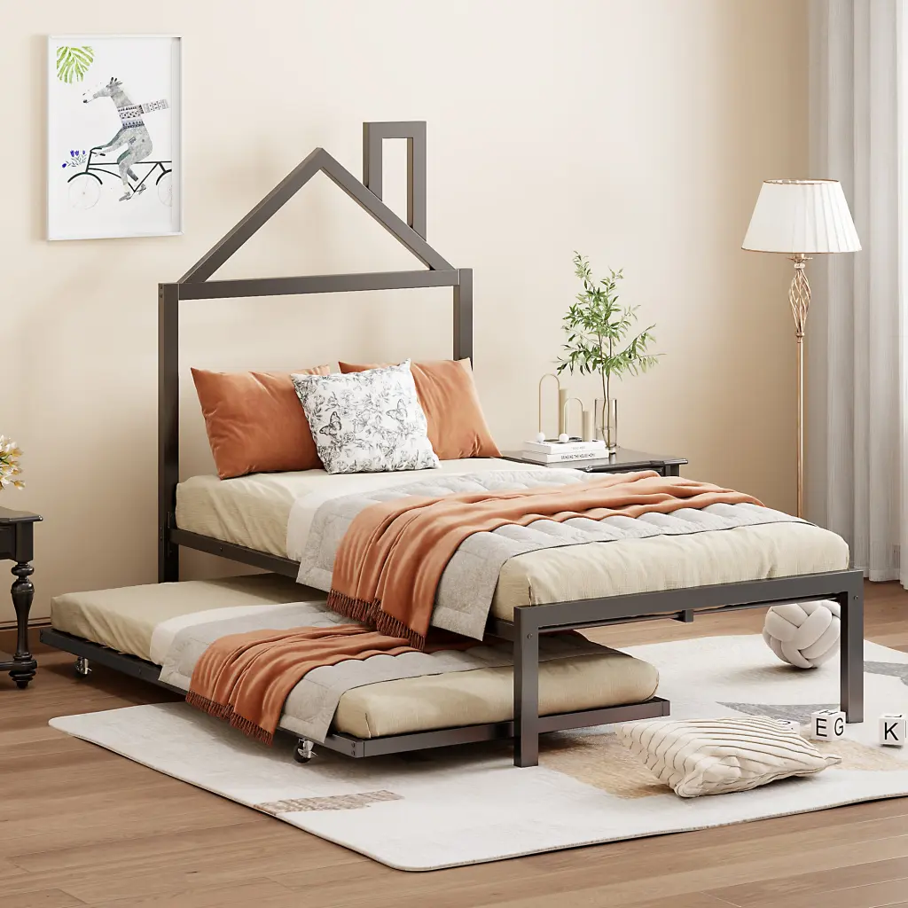 Twin Size Metal Platform Bed Trundle Houtilize Influenced Headboard lucky world