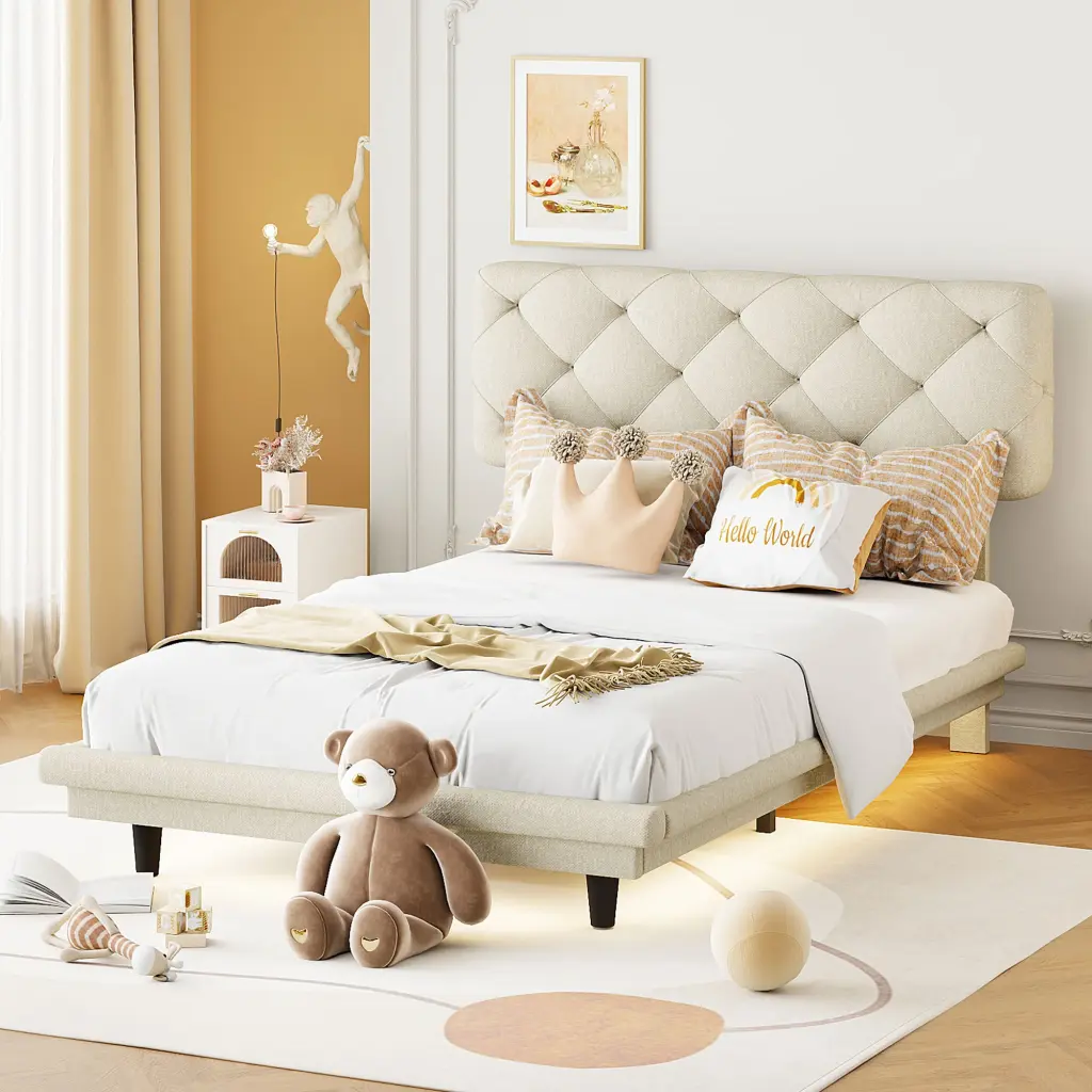 Twin Size Upholstered Bed Light Stripe Floating Platform Bed lucky world