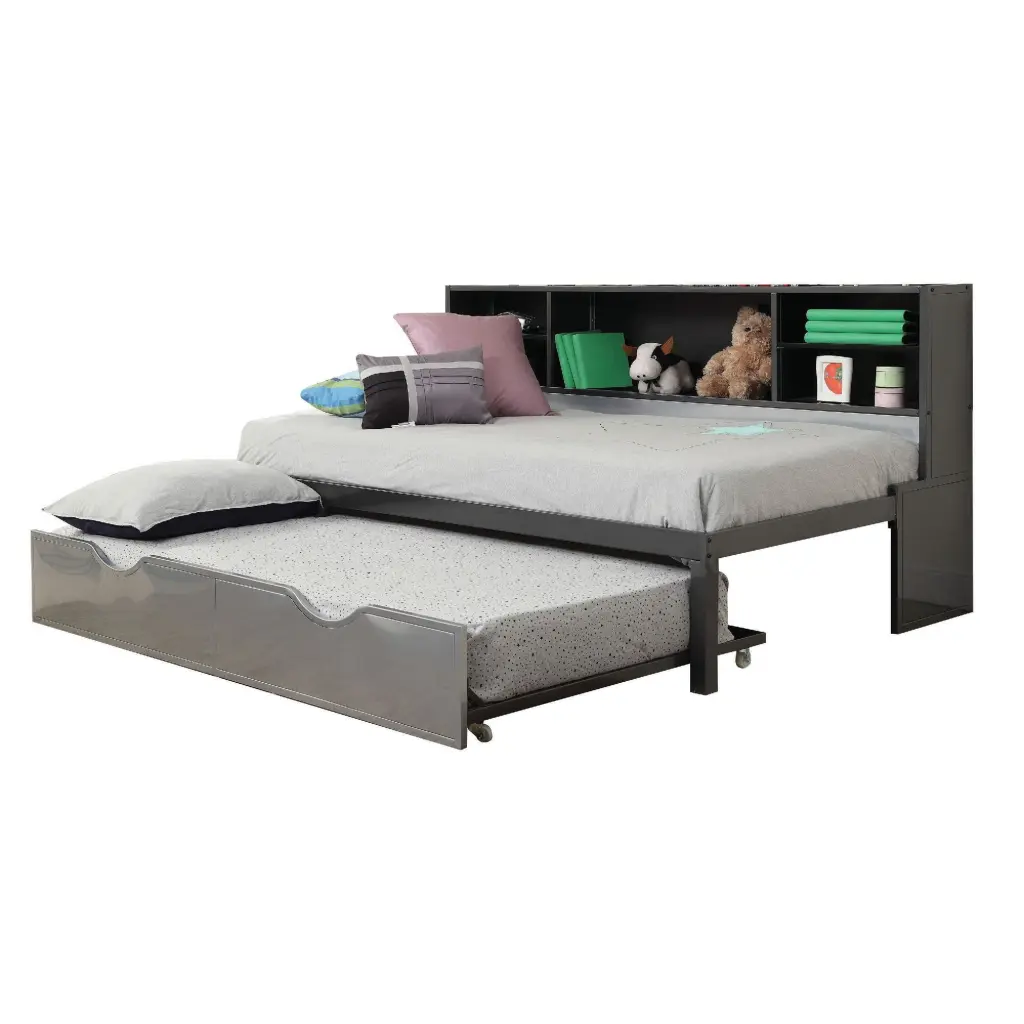 Metal Twin Bed Bookcase and Rollout Trundle Black and Silver Space Saving Bed Frame royal hampton