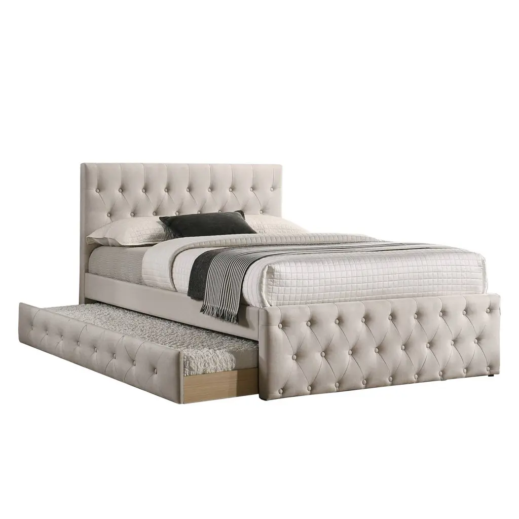 Nek Wood Twin Size Upholstered Bed Trundle Tufted Taupe Burlap Kids Bed royal hampton
