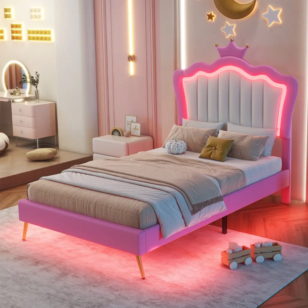 Twin Size Upholstered Bed Frame LED Lights Modern Platform Bed w2770