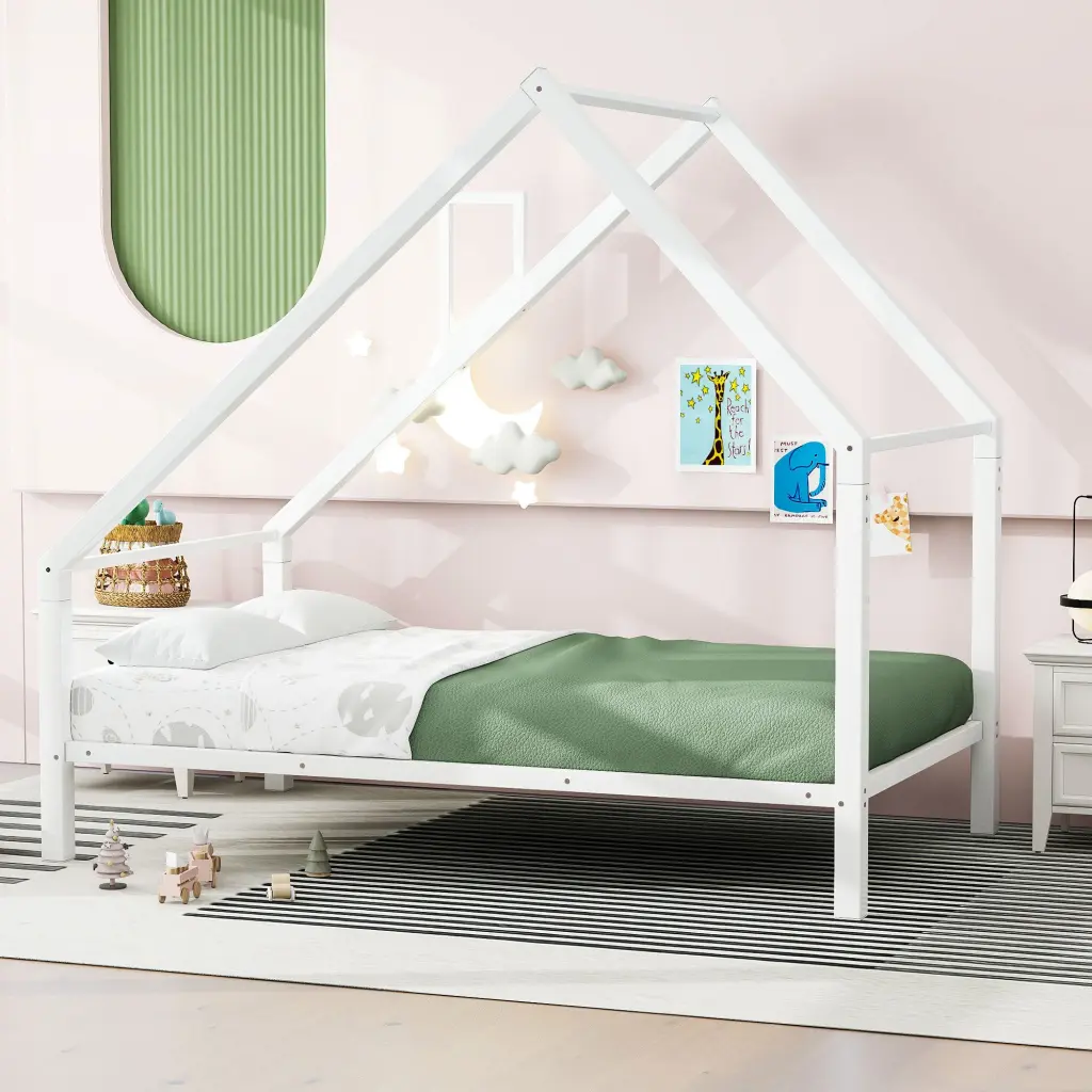 Twin Size Metal Houtilize Platform Bed Roof And Chimney White Box Sp wm dreamland
