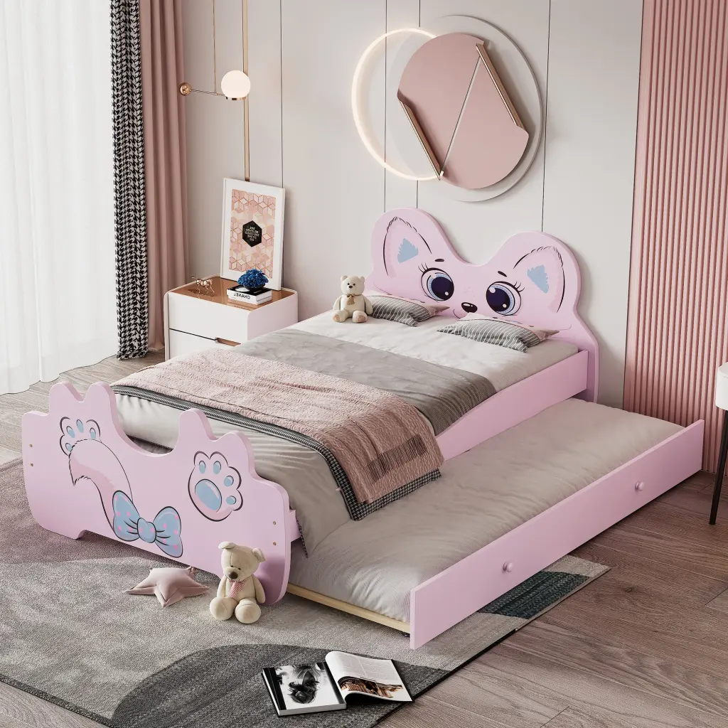 Cartoon Twin Size Platform Bed Trundle Pink Twin Pink Blue Mdf Bed wm store