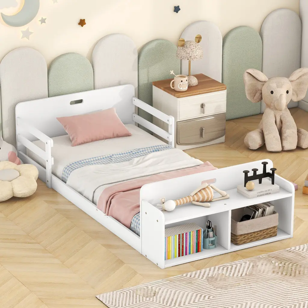 Twin Size Floor Bed Storage Footboard And Guardrail White Box Spring wm store