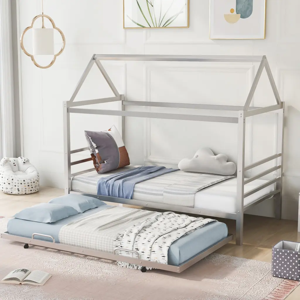 Twin Size Metal Platform Bed Trundle, Silver Finish Space Saving Design wm store