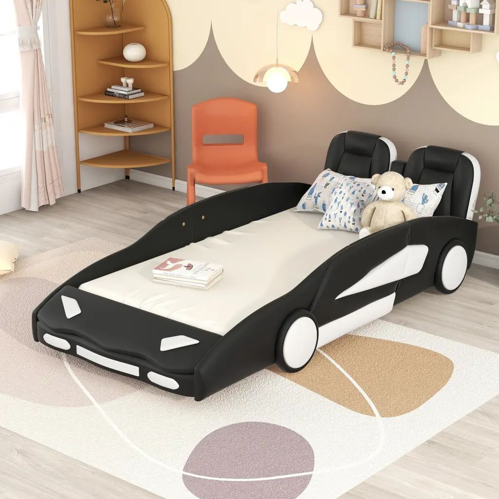 Twin Size Race Car Platform Bed Wheels Black Pine wm store