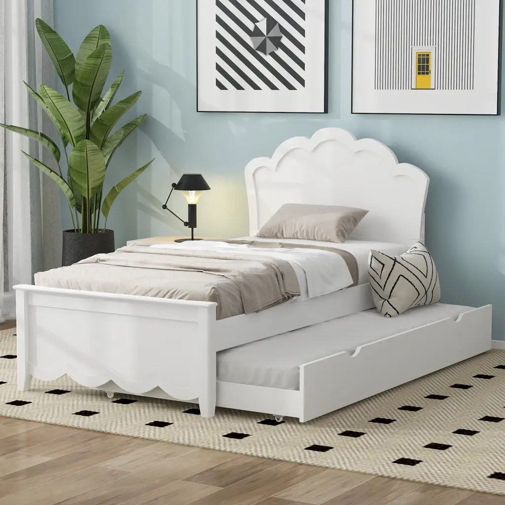 Twin Size Wood Platform Bed Headboard and Trundle White wm store