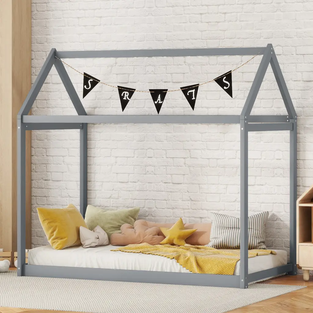 Twin Size Wooden Houtilize Bed Gray Pine Finish wm store