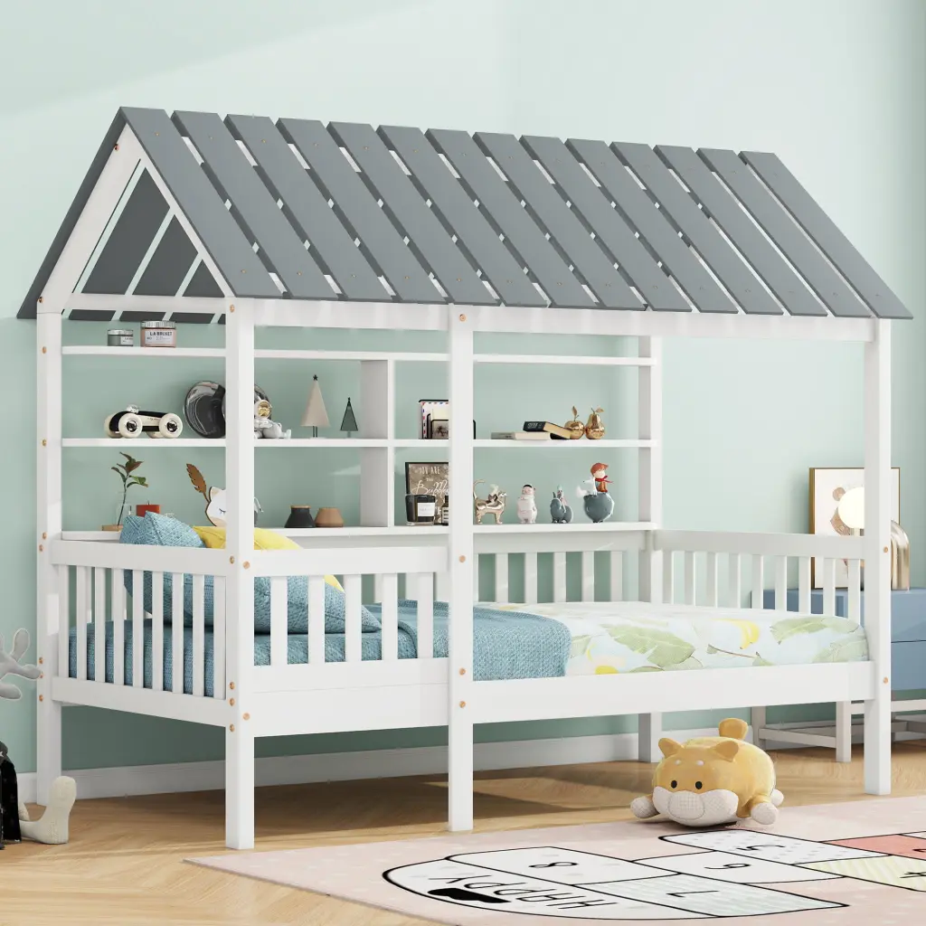 White Wood Twin Size Houtilize Bed Roof Guardrail and Shelves wm store