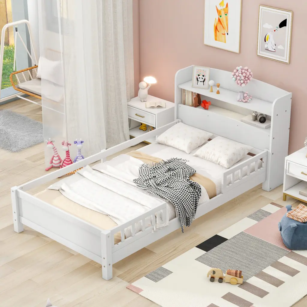 Wood Twin Size Platform Bed Constructed LED Light Storage Headboard wm store