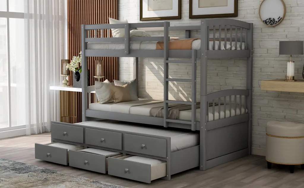 Twin Bunk Bed Ladder Safety Rail and Trundle Bed 3 Drawers lucky furniture