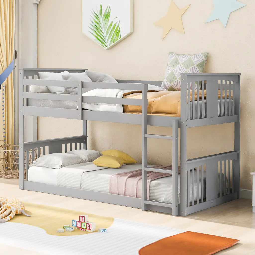 Twin Over Twin Bunk Bed Ladder Gray Solid Wood Construction lucky furniture