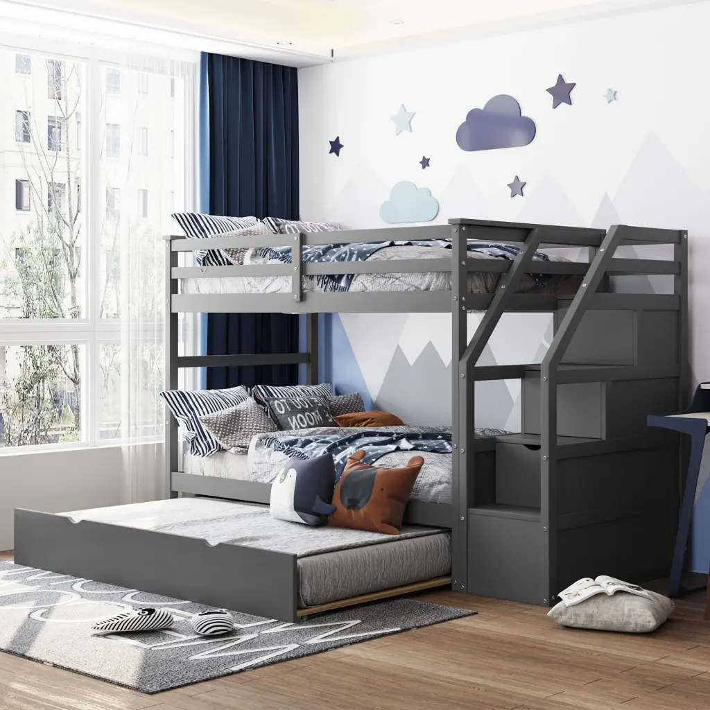 Twin Over Twin Bunk Bed Trundle and 3 Storage Stairs, Gray lucky furniture