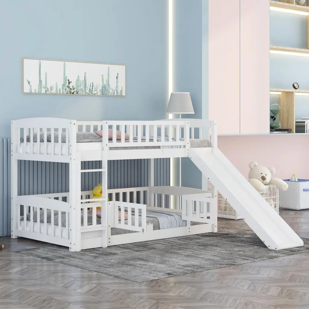Twin Over Twin Low Bunk Bed Slide, Fence and Ladder Kids Furniture lucky furniture